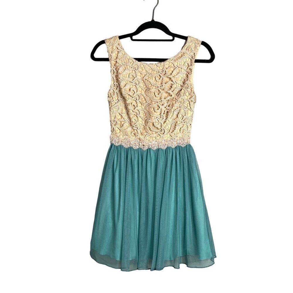 Jodi Kristopher Party Dress Cream Teal Lace Bodice Mini Short Juniors 1
